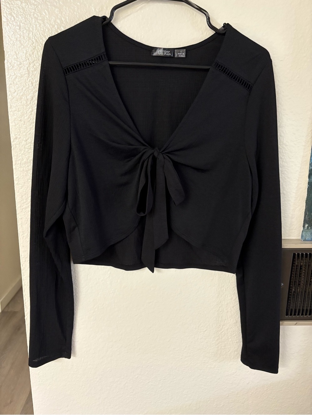 Cropped Tie-Front Long Sleeve Top - Black